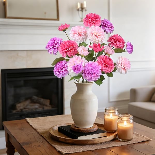 INXUGAO ARTIFICIAL FLOWERS FOR VASE,6 BUNCHES FAKE 27.5“ LONG STEMS SILK POMPON DAHLIA FOR INDOOR OUTDOORS HOME DECOR, FRONT DOOR PORCHES YARD PATIO GARDEN PLANTERS – [2 PURPLE + 2 ROSE RED + 2 PINK]