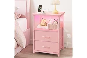 Fixwal Night Stand with Charging Station, LED Nightstand with U-S-B Ports and Outlets, 2 Fabric Storage Drawers with PU Finis