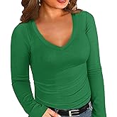 Chulianyouhuo Womens Plus Size Long Sleeve Shirts V Neck Ribbed Knit T Shirt Slim Fitted Casual Basic Tee Tops