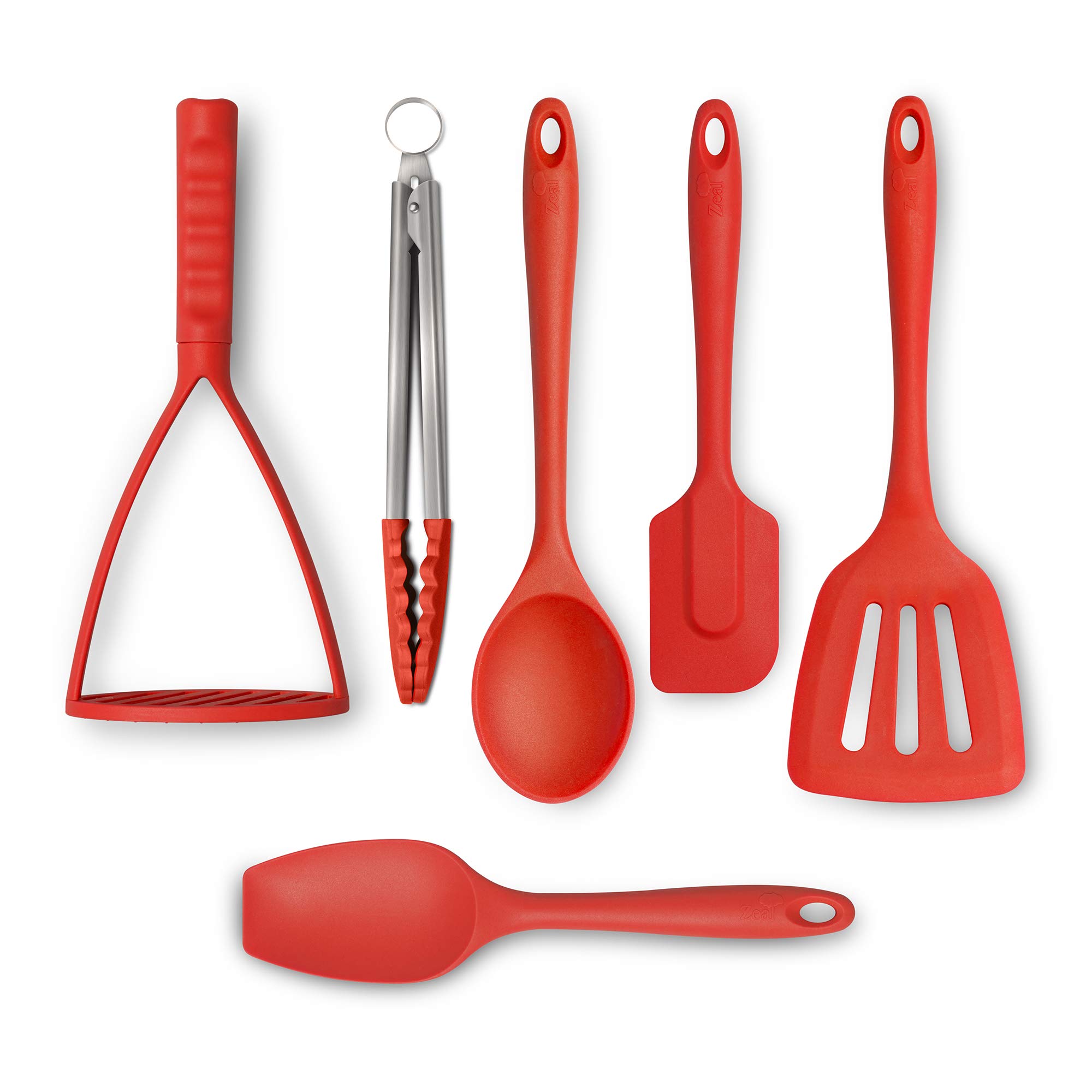 Zeal JSET47R Non-Stick Silicone Tongs, Turner, Cooks Spoon, Spatula & Masher 6-Piece Set-Red