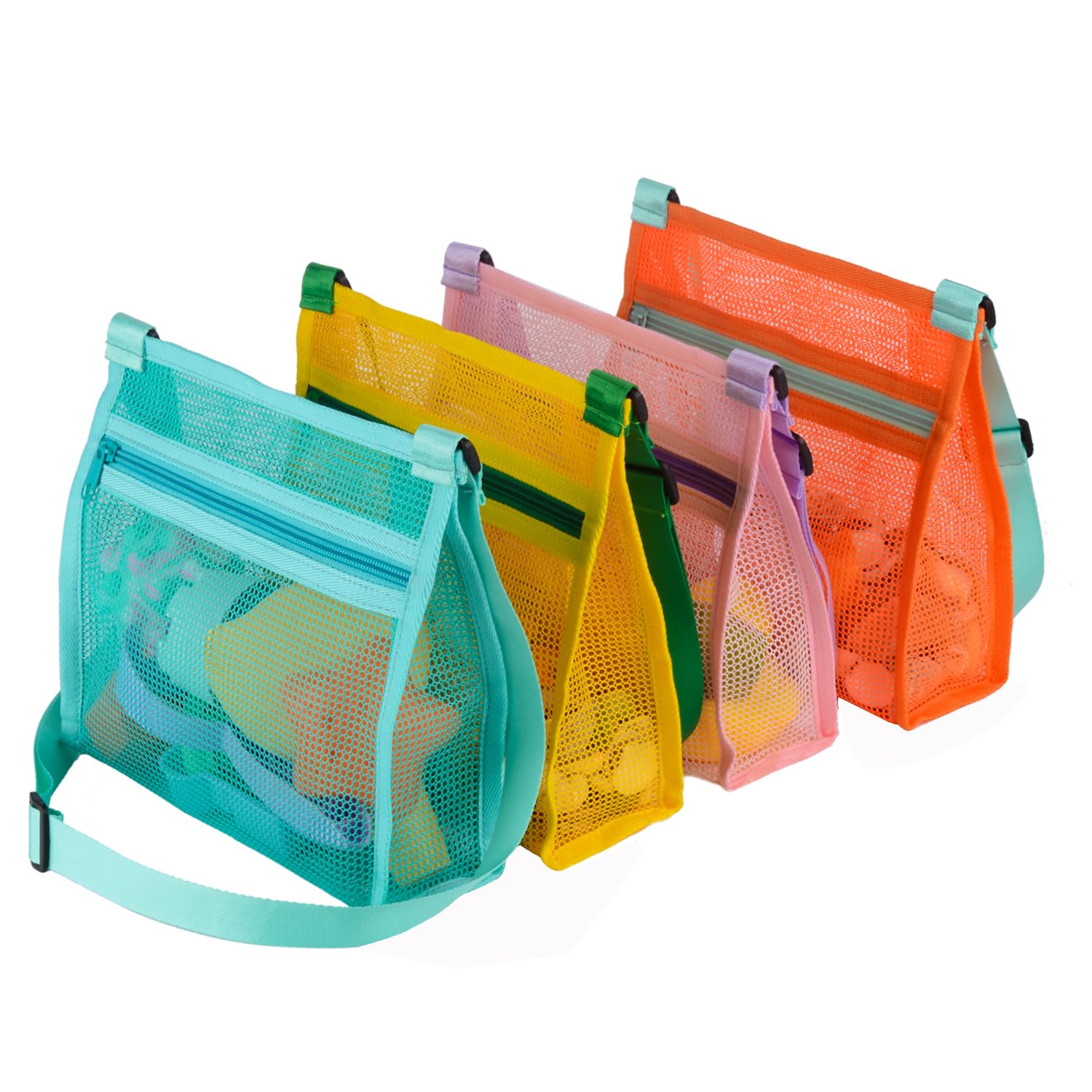 MUYIZI Mesh Beach Bag for Shells Collecting 4 Pack,Shell Bags for Beach,Sea Shell Bags for Picking Up Shells,Beach Shell Bag for Kids, Beach Toys Sand Toys Swimming Accessories for Boys and Girls