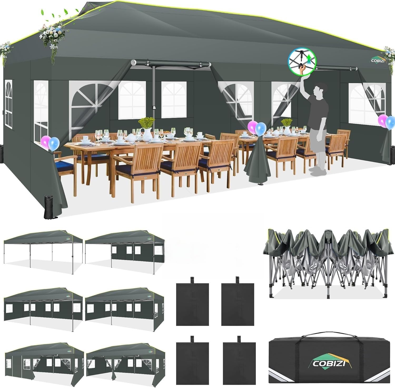 Photo 1 of ***PARTIAL SET - PRICE ADJUSTED***
COBIZI 10x20 Pop Up Canopy with 6 Sidewalls One Push Setup Outdoor Event Shelter Waterproof UPF 50+ Gazebo Tent with Carry Bag,Air Vent,Sandbag for Commercial, Wedding, Party,Grey