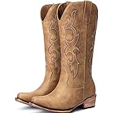 Choiran Cowboy Boots for Women - Embroidered Cowgirl Boots Western Mid Calf Fashion Chunky Heel Pointed Toe Country Boot