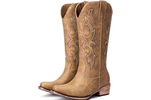 Choiran Cowboy Boots for Women - Embroidered Cowgirl Boots Western Mid Calf Fashion Chunky Heel Pointed Toe Country Boot