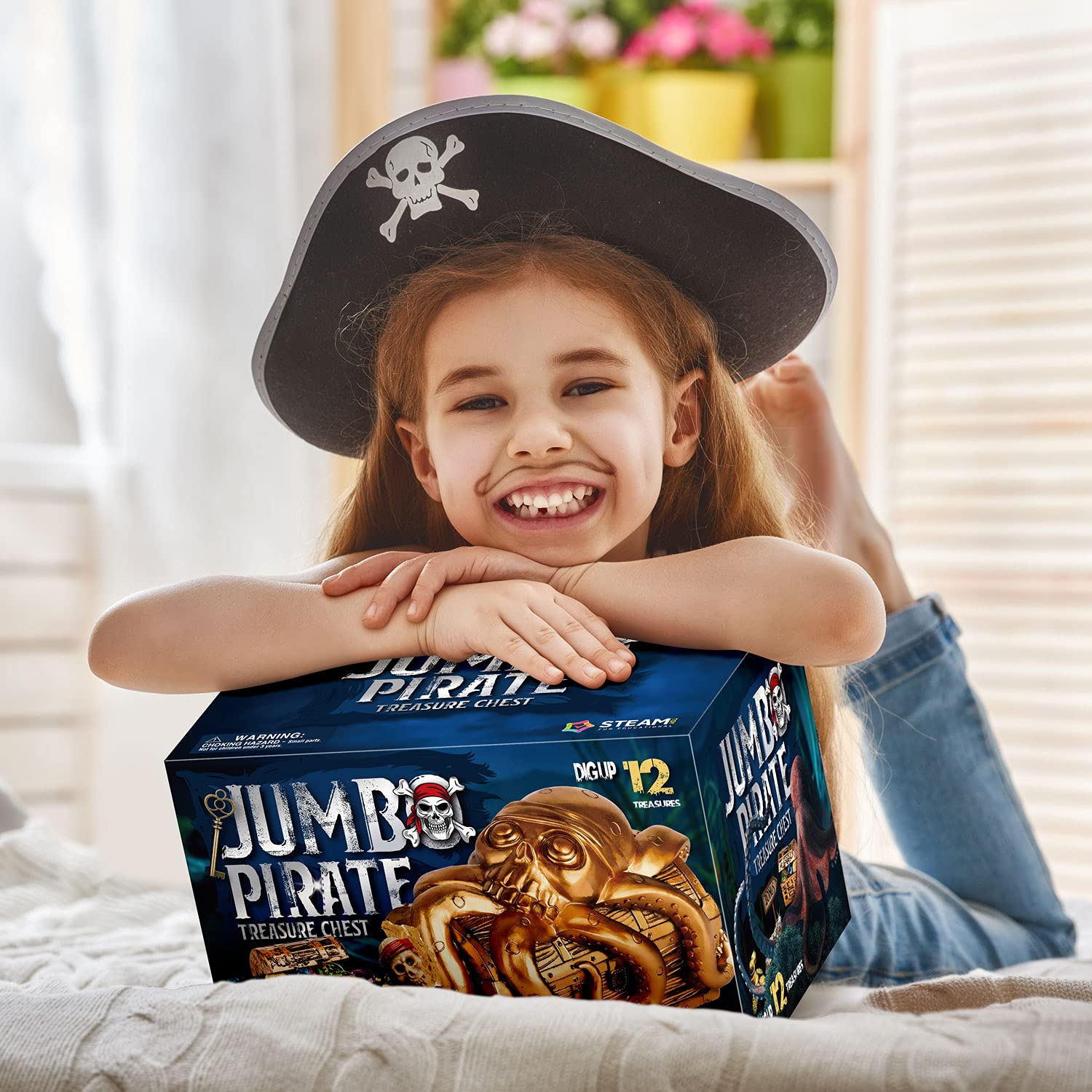 XXTOYS Jumbo Pirate Dig Kit - Dig up 12 Pirate Treasures, Gemstones, Gold Coins - Pirate Toys for Kids - Great Birthday Party Supplies, Gifts Idea for Boys & Girls - Includes Treasure Chest