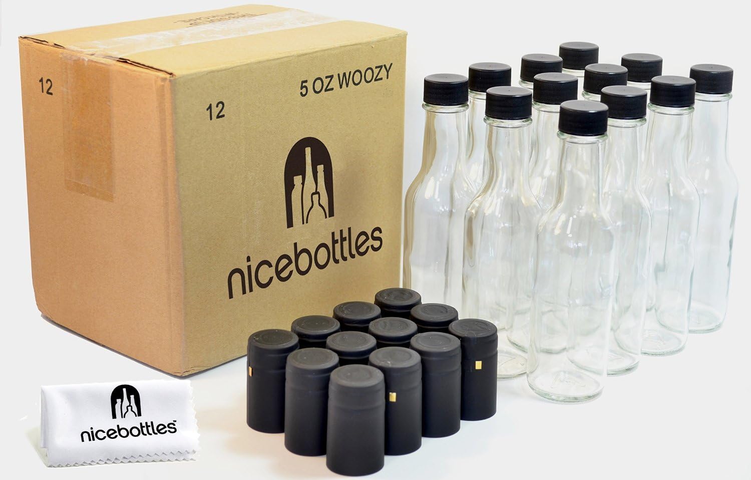 Clear Glass Woozy Bottles with Shrink Capsules, 5 Oz - Case of 12: Kitchen & Dining