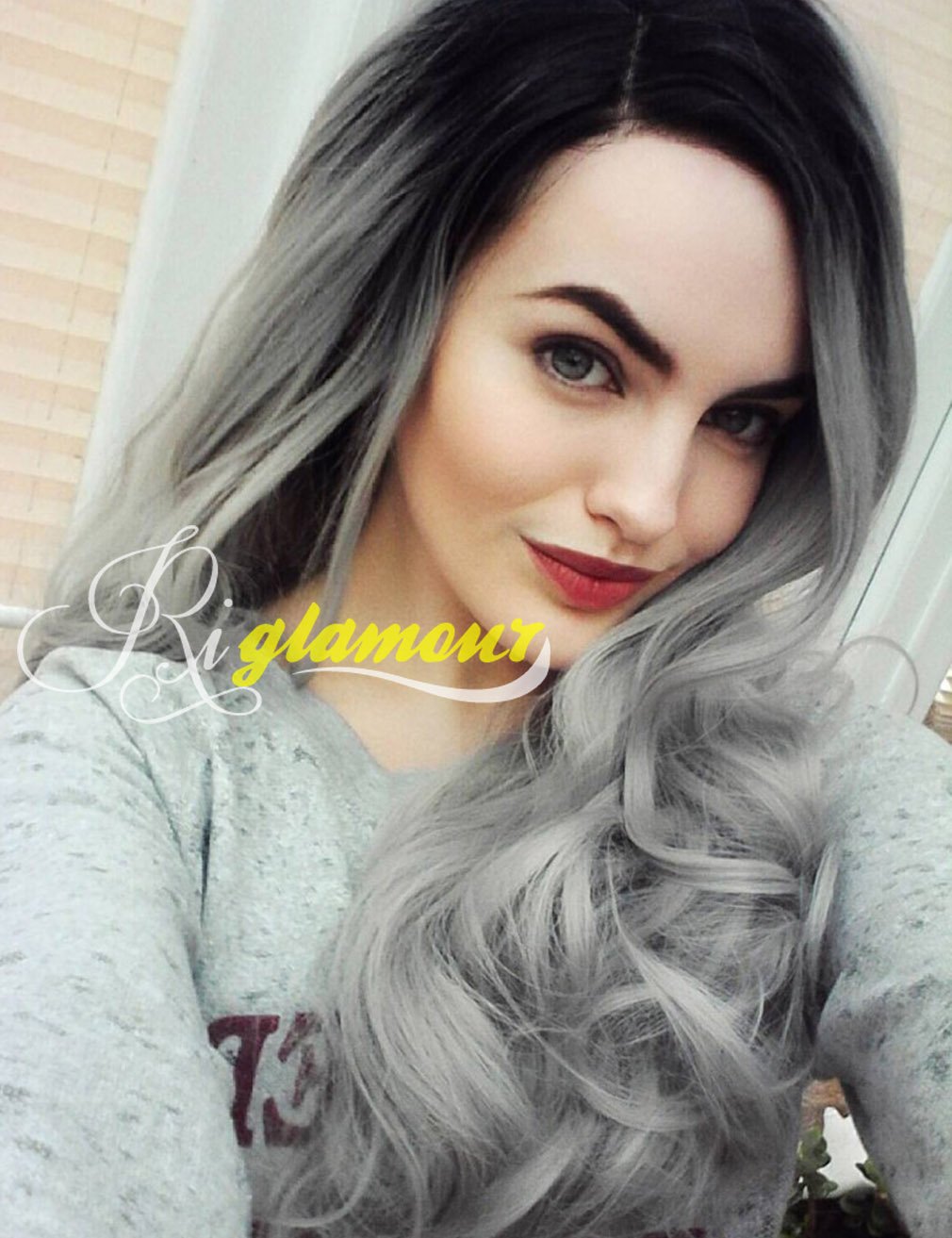 Riglamour Silver Gray Hair Wig Dark Roots Ombre Half Hand Tied