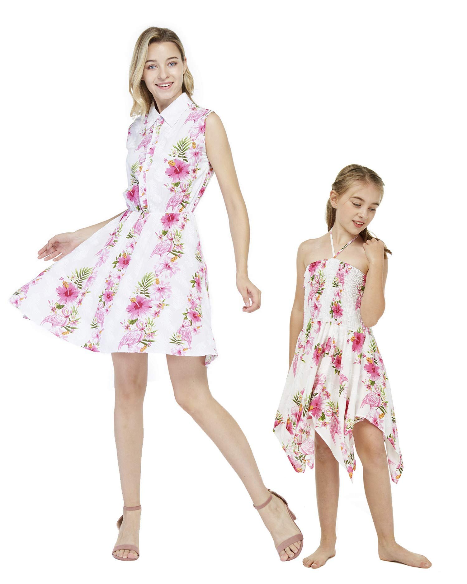 Matching Hawaiian Luau Mother Daughter Shirt Dress and Gypsy Dress in Simply Blue Leaf