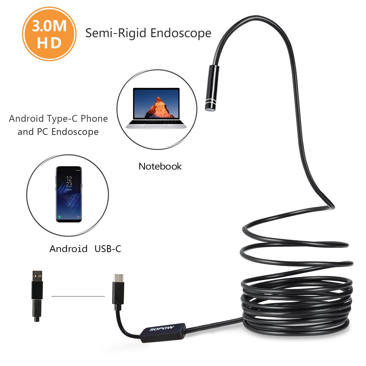 HD Endoscope USB Type C, SOPOW Semi-Rigid Android Endoscope Borescope Inspection Camera HD Snake Camera with 8 Adjustable Led Lights for Android Tpye-C Smartphone and PC - 3M