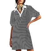 PJFPJF Womens Summer Casual T Shirt Striped Dress | V Neck Puffy Short Sleeve A Line Dress，with Pockets Mini Dress ， Beach Ca