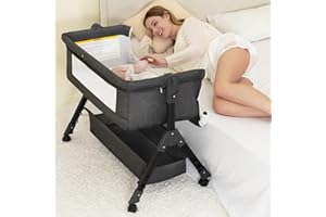 Foalom Baby Bassinet, 3 in 1 Baby Bassinet, Baby Basinet Bedside Sleeper, Easy to Fold Portable Crib Side Bassinet, Baby Cradle with Storage Basket, Adjustable Bedside Crib (Dark Grey)