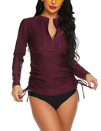 Balancora Damen Bademode Rash Guard UV-Schutz Reißverschluss Langarm Shirt Slim-Fit Surf Shirt Kordelzug Badeshirts UPF 50+