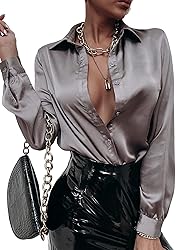 MakeMeChic Women's Satin Silk Long Sleeve Blouse