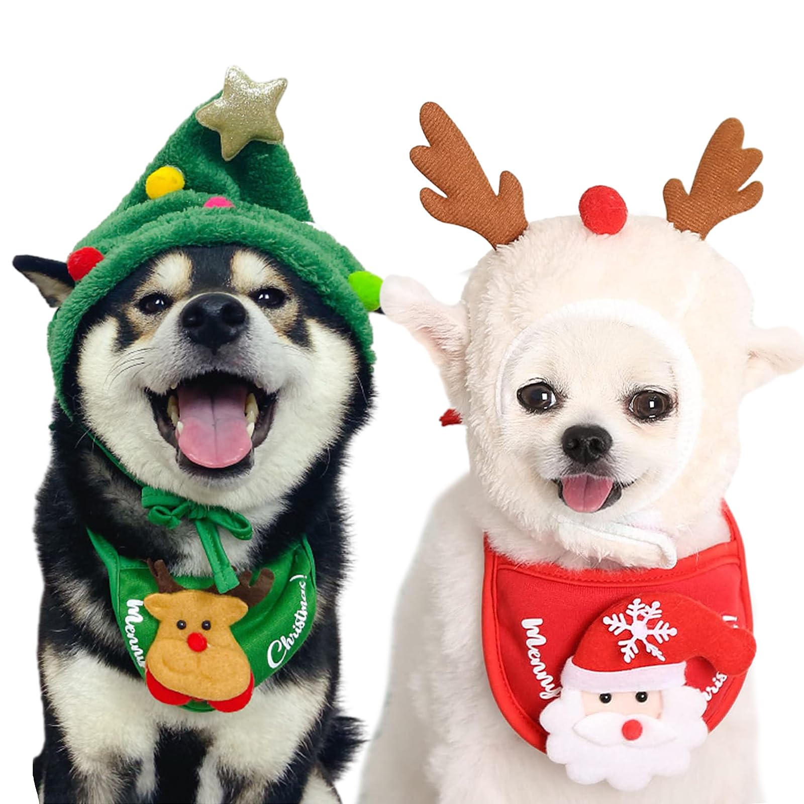 4PCS Pet Dog Christmas Outfit - Costume for Dogs and Cats With Funny Antlers, Adjustable Hat, Cloak, Santa Saliva Towels - Holiday Dress Up Clothes for Puppies