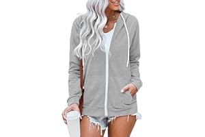 WROLEM Women Casual Full Zip Up Hoodie Comfy Loose Long Sleeve Sweatshirt Solid Color Jacket with Pockets