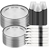 BESTSTAR 350PCS Clear and Black Disposable Plates Set for 50 Guests, 100 Plastic Plates, 50 Plastic Cups, 50 Pre-Rolled Napkins with Cutlery for Party, Thanksgiving, Birthday, Halloween, Christmas