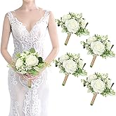 Bridesmaids Bouquets Flowers Set of 4 Artificial Bridesmaid Bouquet Wedding 7 Inch Rustic Small Floral Centerpiece for Marriage Proposal Party Anniversary Dining Table Decor - Ivory White