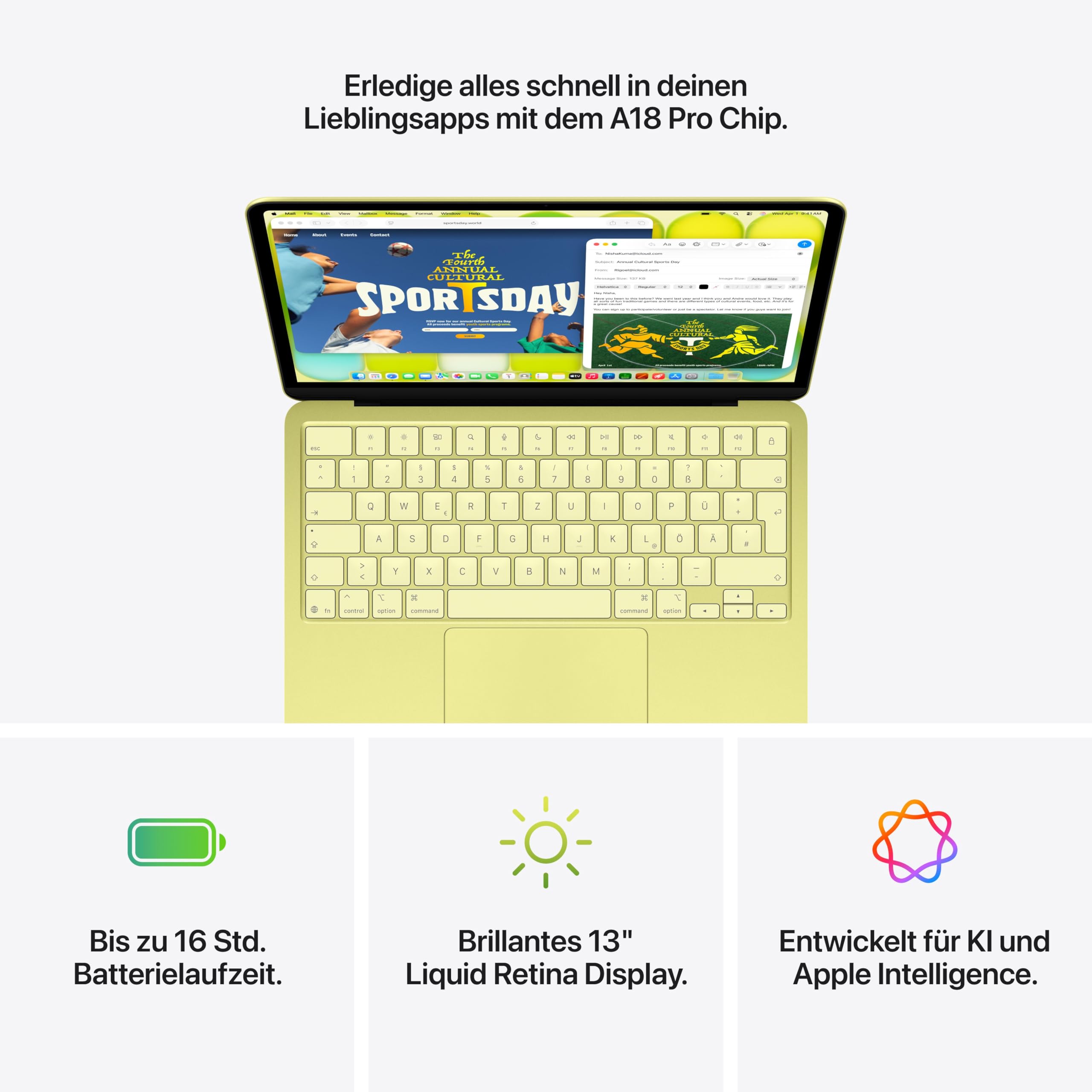 Apple 13" MacBook Neo Laptop mit A18 Pro Chip: Entwickelt für KI und Apple Intelligence, Liquid Retina Display, 8 GB gemeinsamem Arbeitsspeicher, 256 GB SSD Speicher, 1080p FaceTime HD Kamera; Zitrus 5
