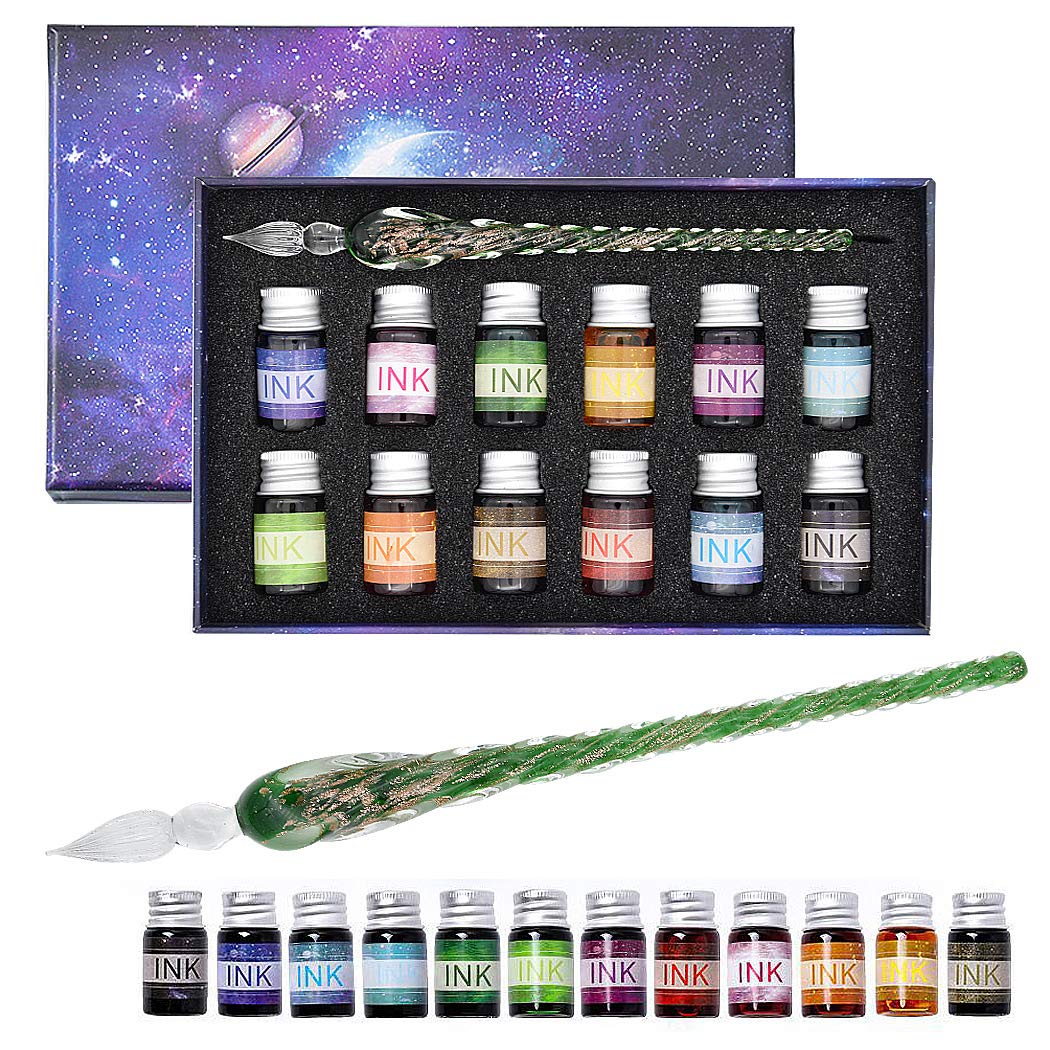 SIPLIV Handmade Glass Dip Pen Ink Set, Crystal Sparkling Signature Drawing Calligraphy Writing Pen, 13 Pcs Gift Set with Glass Pen and 12 Colors Ink - Green