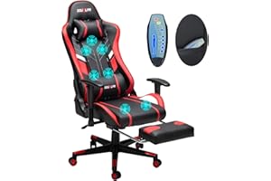DOUXLIFE Massage Gaming Chair 7-Point, Office Chair with Footrest and Lumbar Support, Adjustable Seat Height Ergonomic, Thickened and Widened Cushions Backrest, 175° Reclining Max, Red