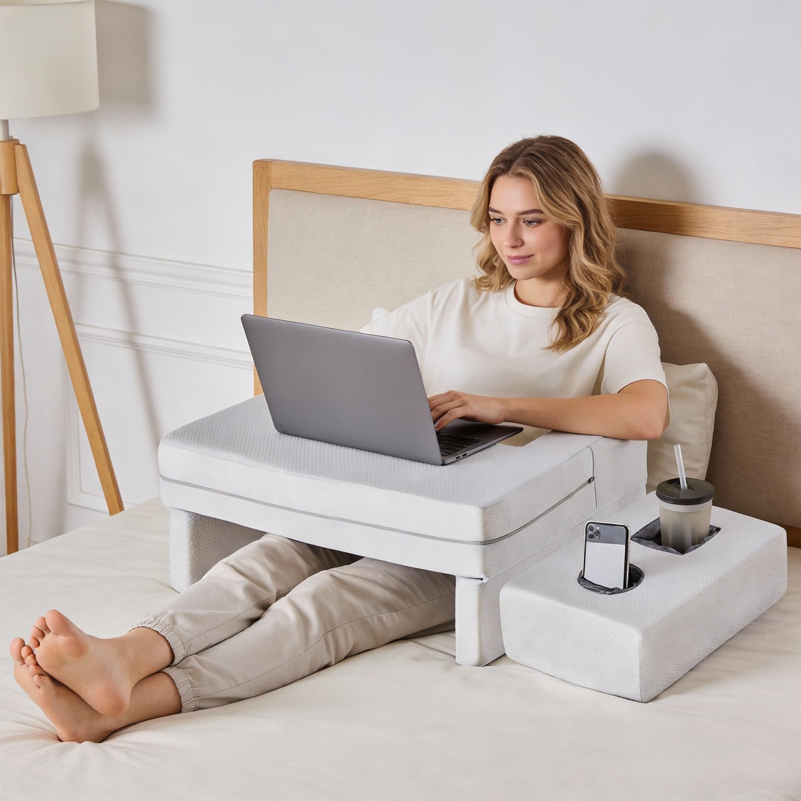 KMFurnila Reading Pillow Lap Desk with Storage Coaster, Adjustable Ergonomic Arm Rests for Laptop, Gaming, Reading, Working on Bed, Couch & Floor for Adults, Square, Grey