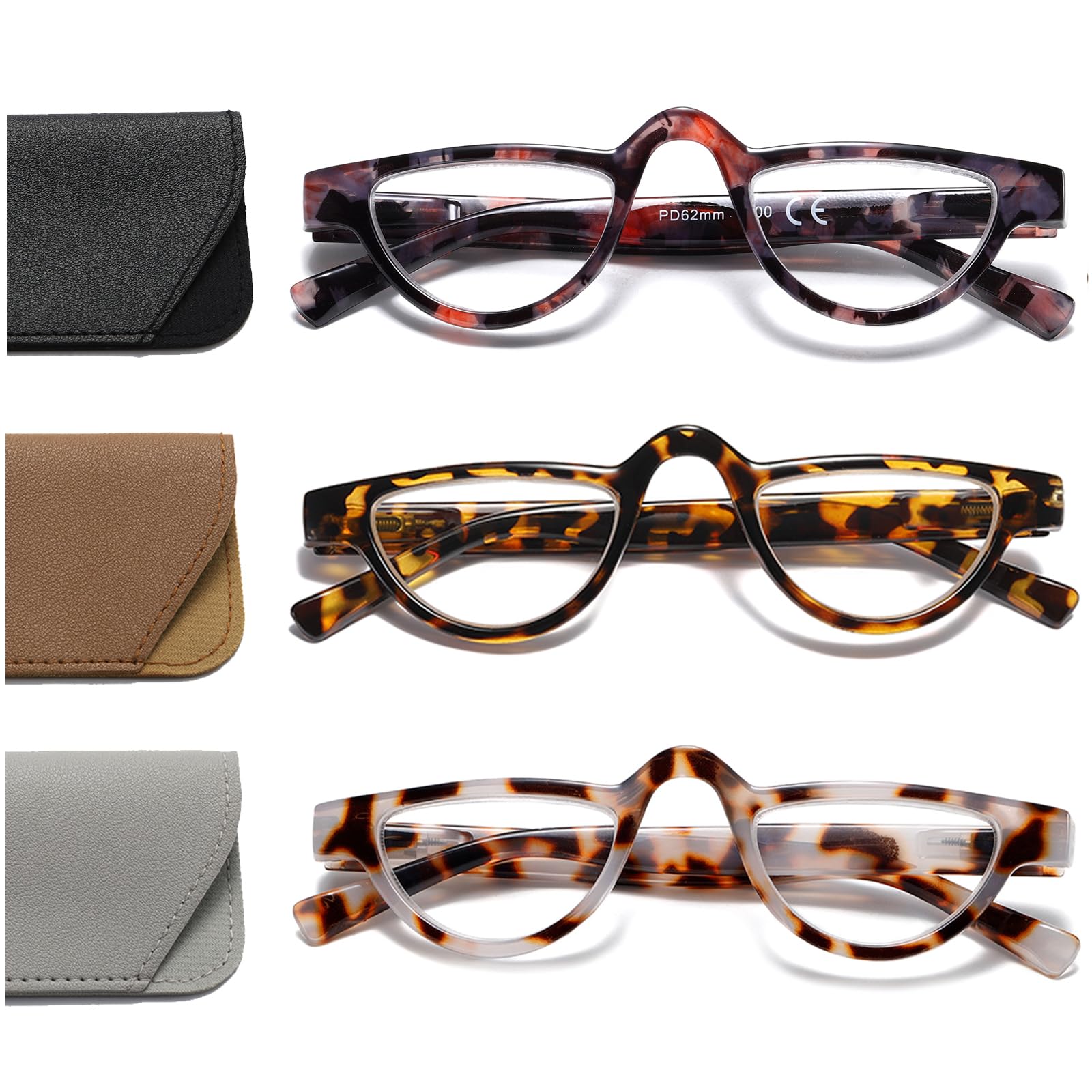 Hubeye 3 Pairs Retro Half Moon Reading Glasses Lightweight Plastic Half Frame Reader with Spring Hinge for Women and Men with glasses holster 1.00 — image 1
