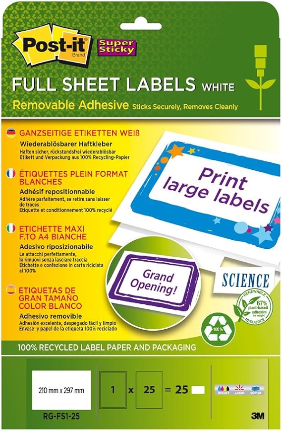 Postit A4 210mm x 297mm Super Sticky Removable Recycled Full Sheet