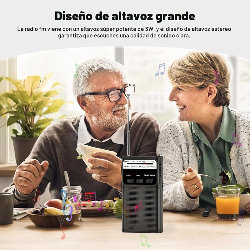 Rádio pequeno, rádios AM/FM, rádio de bolso com clipe traseiro, rádios portáteis com bateria recarregável incorporada, rádio com ranhura para cartão TF, entrada para auscultadores de 3,5 mm e função de luz (preto) — foto 6 de 7