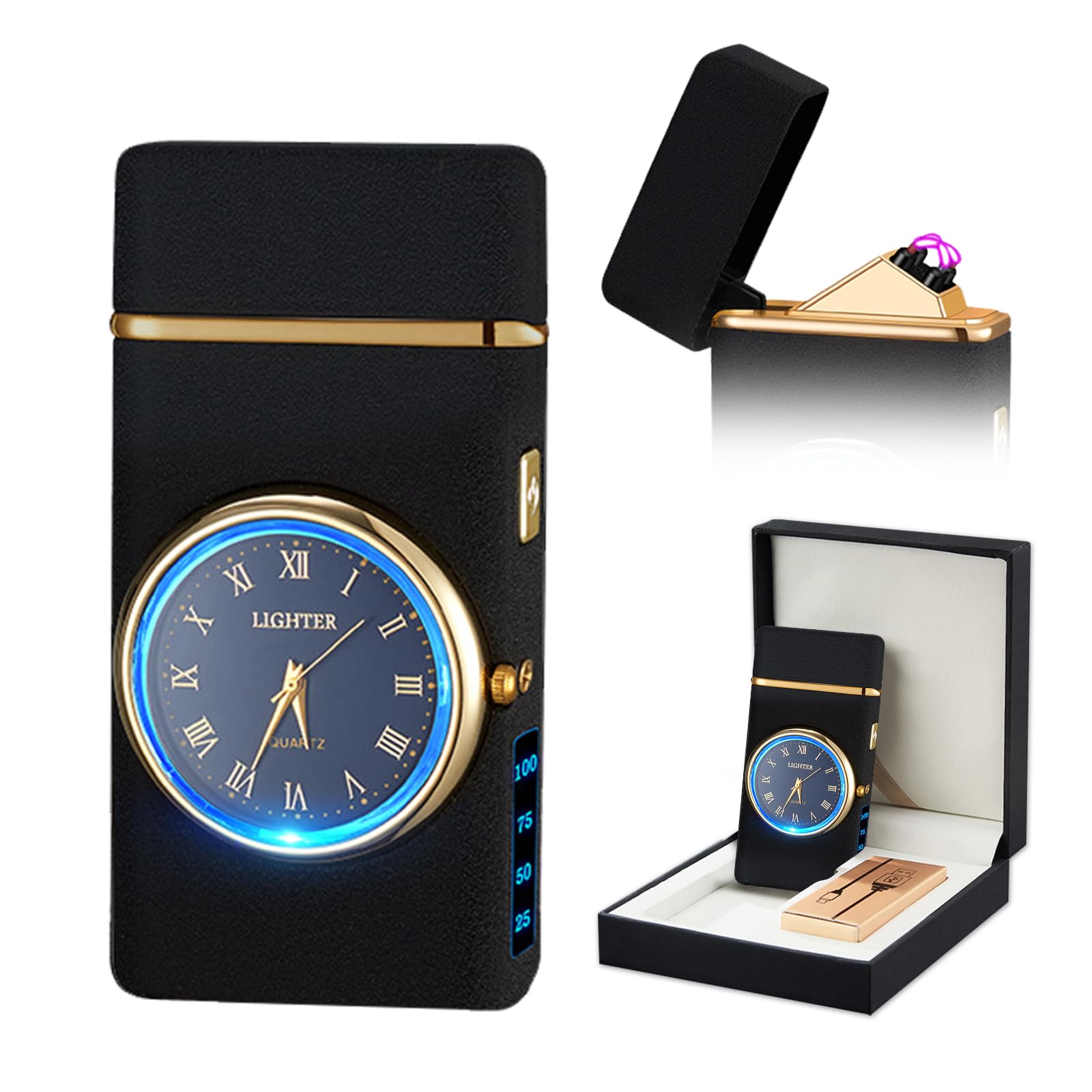 SKRFIRE Electric Double Arc Plasma Lighter, Windproof Rechargeable Lighter with electronic dial Cool Lighters Revolve with Gift Box for Outdoor, Indoor, Camping, BBQ(black matte)
