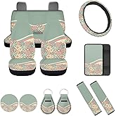FUIBENG Abstract 70S Groovy Flower Auto Seat Cover Full Set for Women,12 Pack Green Swirl Wavy Auto Front Back Seat Cushion Protective Accessory with Coaster Keyring Steering Wheel Cover Armrest Pad