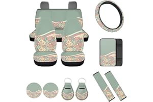 FUIBENG Abstract 70S Groovy Flower Auto Seat Cover Full Set for Women,12 Pack Green Swirl Wavy Auto Front Back Seat Cushion Protective Accessory with Coaster Keyring Steering Wheel Cover Armrest Pad