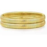 Emibele Gold Bangles Bracelet Set for Women, 18K Gold Plated Chunky Stainless Steel Non Tarnish Stretch Bracelet Stack, Flexible Wide Wristband Bangle Layered Snake Chain Bracelets