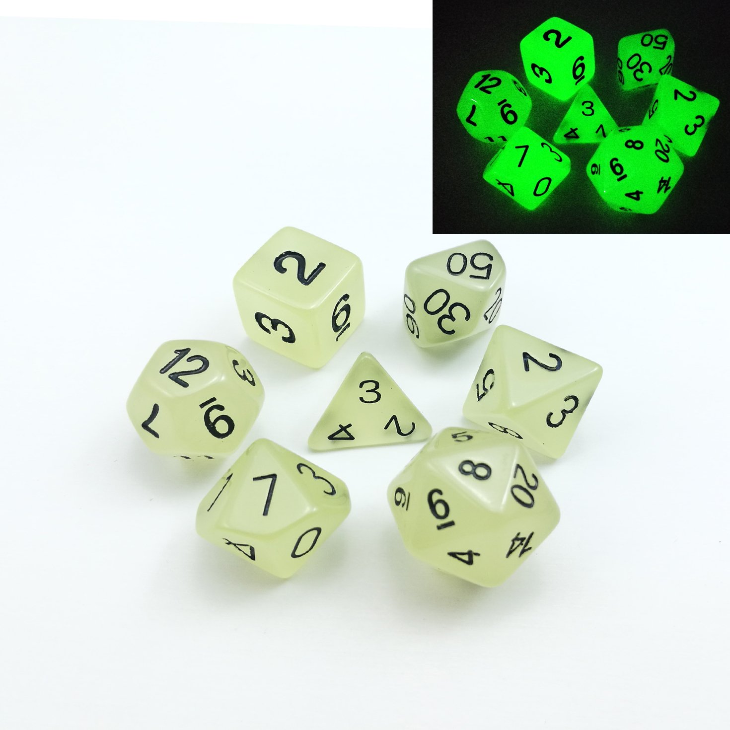 Set of 7 Glow in the Dark Polyhedral Dice (7 Die in Set) | Role Playing Game Dice | D4, D6, D8, D10, D%, D12, and D20 (Aqua)