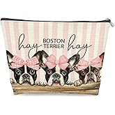 LRWHDFW Coquette Pink Bow Boston Terrier Makeup Bag Gifts for Women, Boston Terrier Lover Gifts Cosmetic Bag, Rustic Preppy Girly Dog Striped Zipper Makeup Pouch Travel Toiletry Bag