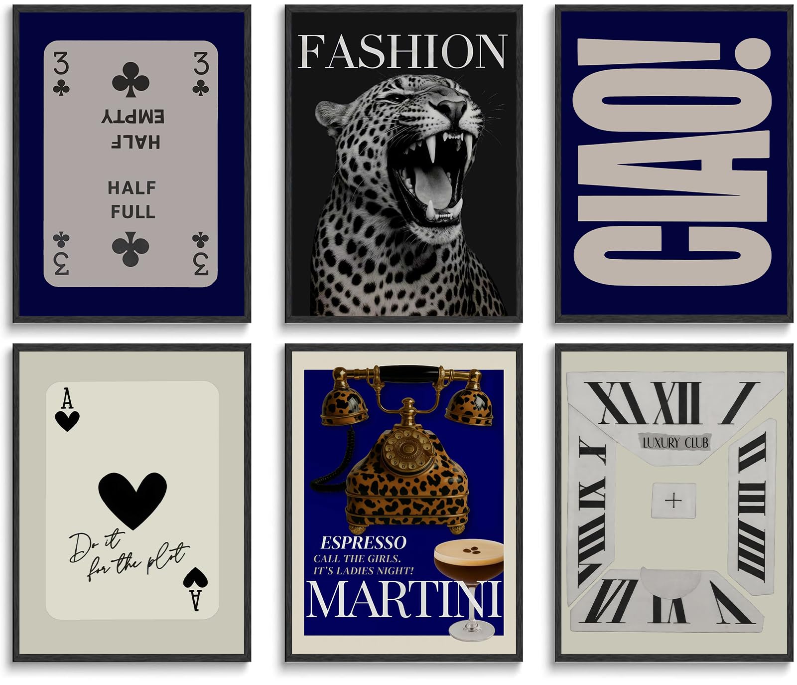 Photo 1 of Navy Blue Set of 6 Trendy Leopard Wall Art Gallery Ace Card Print Wall Pictures Preppy Funky Aesthetic Decor posters prints for Girls Bedroom Dorm Apartment Living room Dormitory Decorations Unframed
