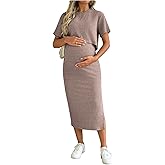 SHENHE Women's Maternity Ribbed 2 Piece Outfits Short Sleeve Crop Top Bodycon Slit Midi Skirt Set