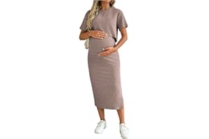 SHENHE Women's Maternity Ribbed 2 Piece Outfits Short Sleeve Crop Top Bodycon Slit Midi Skirt Set