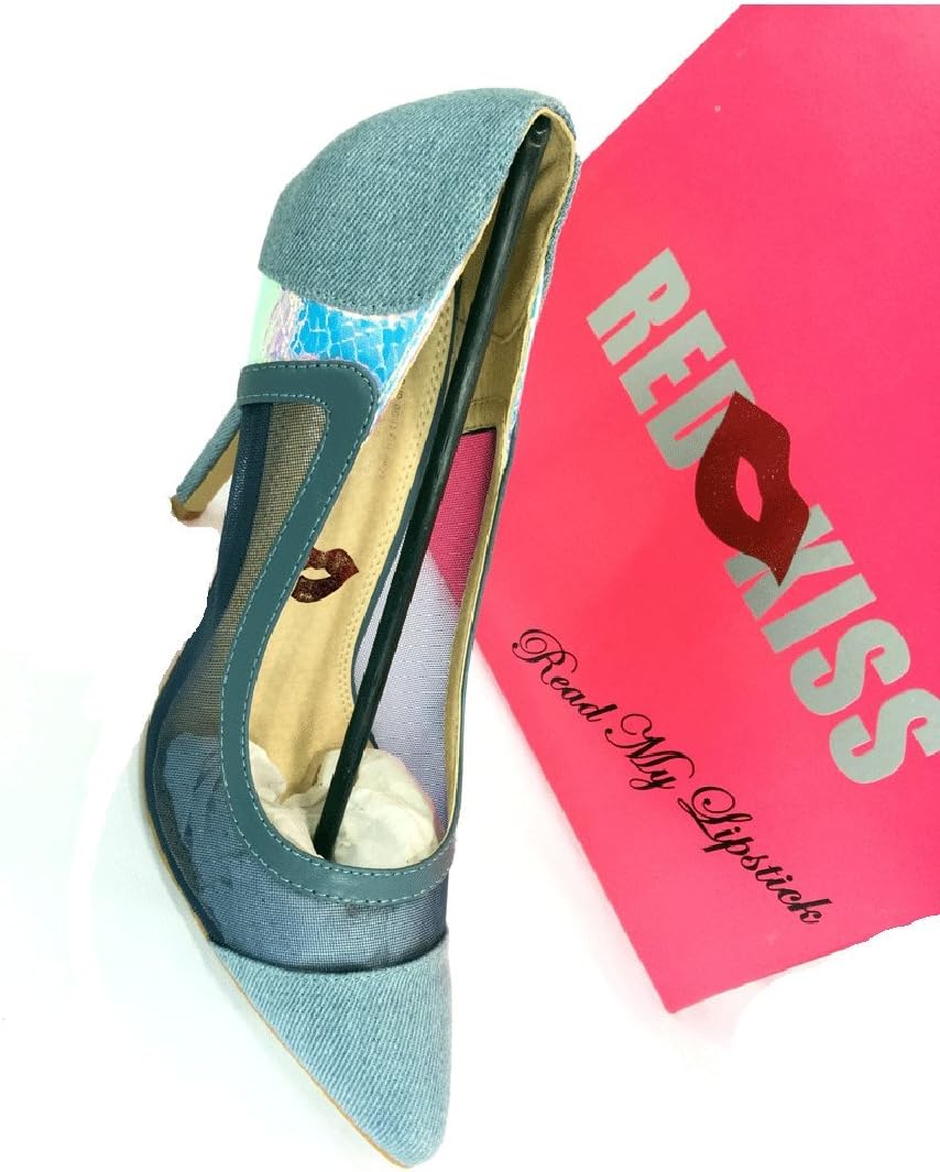 Red Kiss Lust Love Jean Mesh Panel Hologram Block Gold Pointy Toe Heel