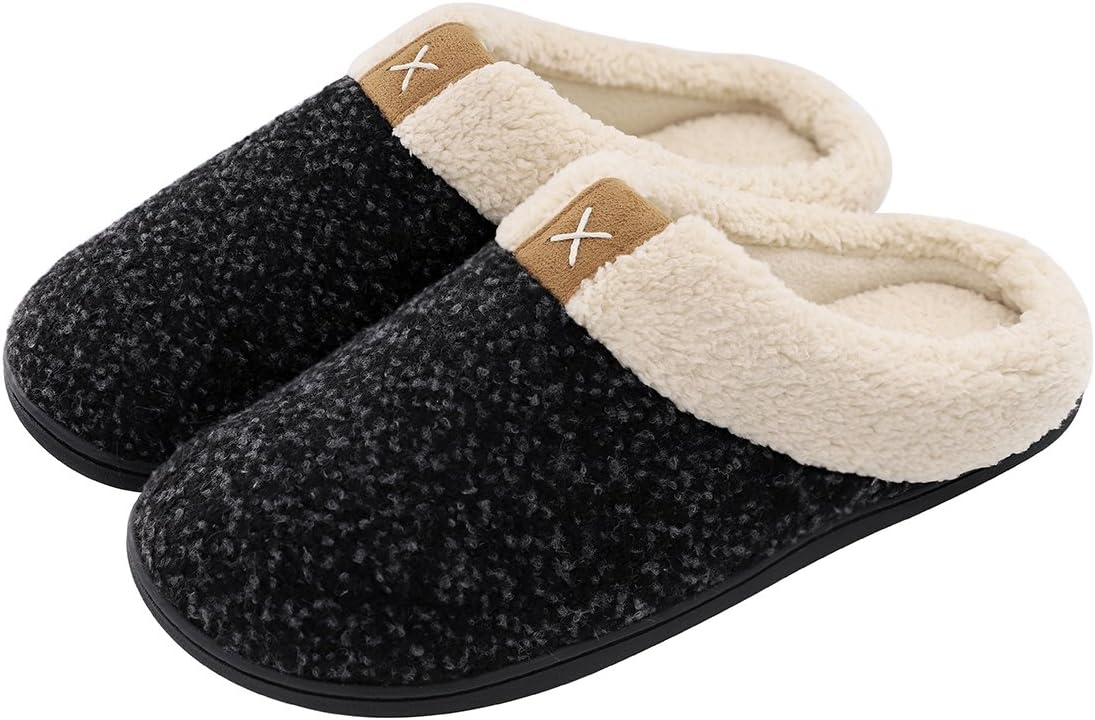 Men's Cozy Memory Foam Slippers with Fuzzy Plush Wool-Like Lining, Slip on Clog House Shoes with Indoor Outdoor Anti-Skid Rubber Sole