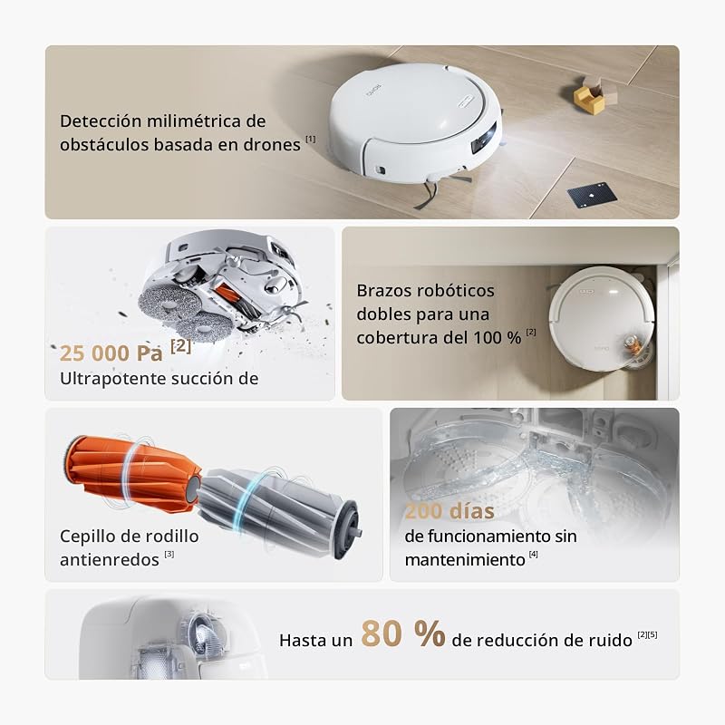 Aspirador e esfregão robótico DJI Romo S com sucção de 25.000 Pa, deteção a nível de drone, braços robóticos duplos, 200 dias de operação sem manutenção, escova de rolos anti-emaranhado
