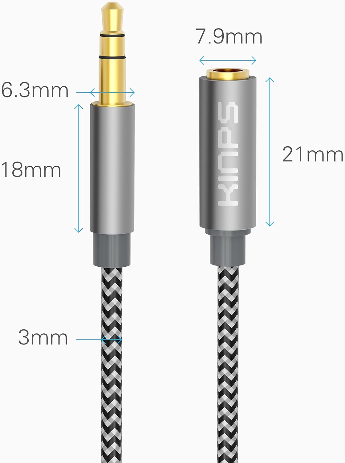KINPS Audio Auxiliary Stereo Extension Audio Cable 3.5mm Stereo Jack Male to Female, Stereo Jack Cord for Phones, Headphones, Speakers, Tablets, PCs, MP3 Players and More (10ft/3m, Gray-1 Pack): Electronics