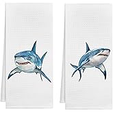 KAOWT Coastal Shark Bathroom Decor Hand Towels, Sharks Gifts, Kids Bathroom Decor, Coastal Beach Kitchen Towels, Nautical Dish Tea Towel for Kitchen Decor, 16x24 Inch Set of 2