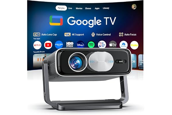 Smart 4K Projector [Bundled with Google TV Stick] with WiFi and Bluetooth, 3000ANSI, Auto Lens Cap, Portable Outdoor Movie Projector with Built-in Apps Auto Focus for Ceiling/Home Theater/Bedroom