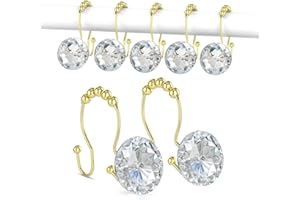 Goowin Shower Curtain Hooks, Crystal Shower Curtain Rings, Stainless Steel Gold Shower Curtain Hooks, Metal Shower Curtain Ha