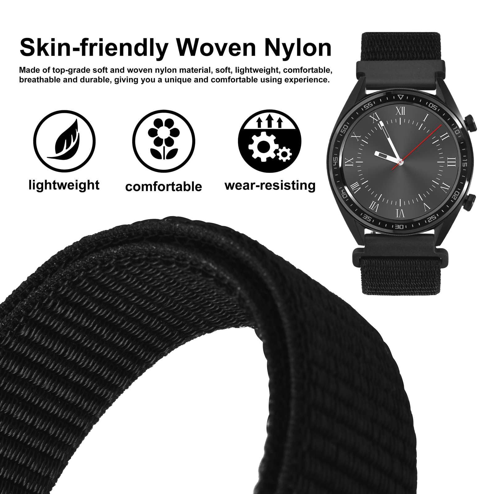 WOCCI WOCCI 18mm Adjustable Nylon Watch Band, Quick Release Sport Loop Strap (Black)