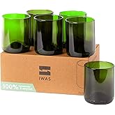 IWAS Upcycled Green Drinking Glasses | 250 ML | 8.45 OZ | Set of 6 | Sustainable Water Glass | Environmentally Friendly Dark Green Glassware