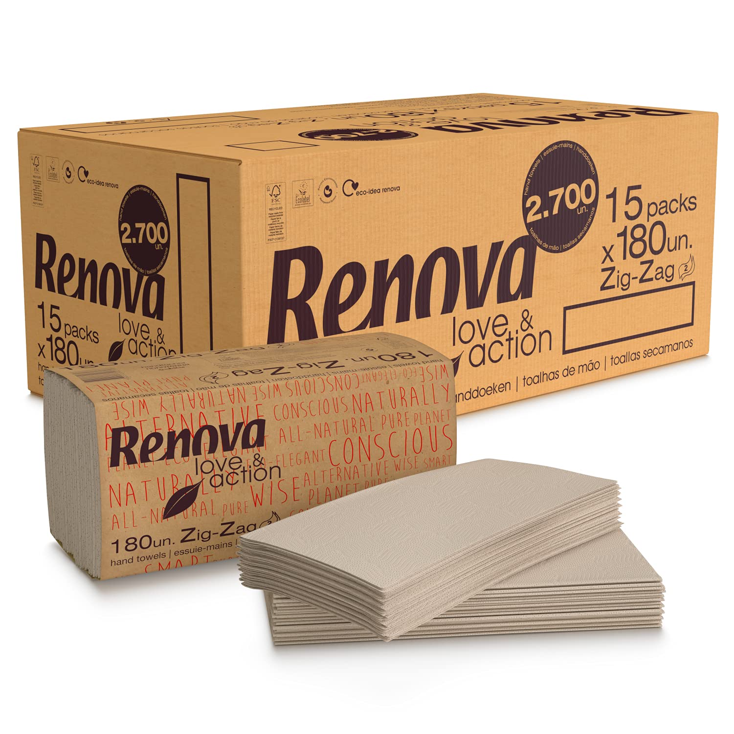 Renova Zig-Zag Love&Action Hand Drying Towels | 15 Packs of 180 | 2,700 Count | Eco-Friendly Kraft Paper 2 Ply | FSC & Ecolabel Certified