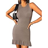 Allegra K Ruffle Ribbed Dress for Women Crew Neck Sleeveless Knit Bodycon Tank Mini Dresses