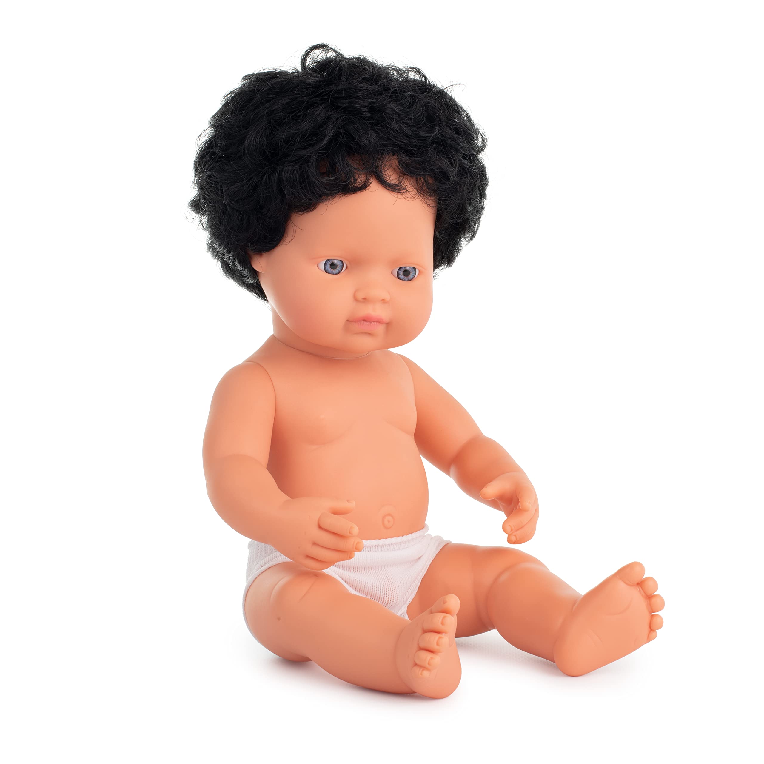 Miniland Baby doll Caucasian curly black hair boy 38cm in polybag without underwear (31231)