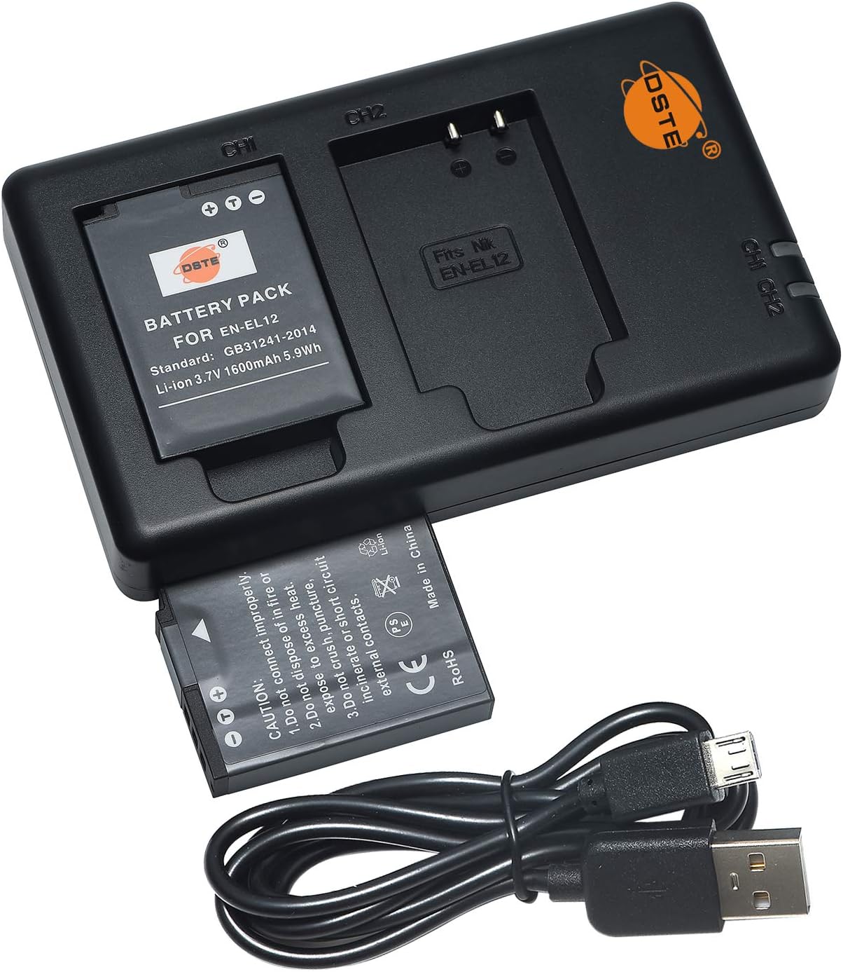 DSTE 2PCS EN-EL12 (1600mAh/3.7V) Battery Charger Set Compatible for Nikon Coolpix S620 S630 S6000 S6100 S6200 S6300 S8000 S9050 S9100 AW100 AW120s